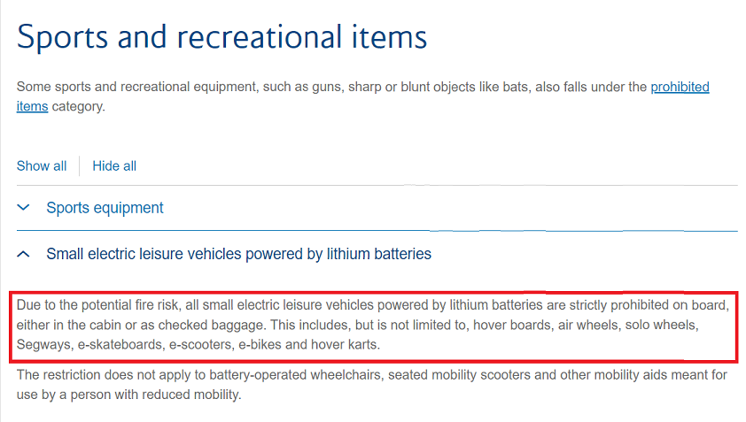 British Airlines restricted and prohibited items page highlighting small electric leisure vehicles powered by lithium batteries including e-bikes as strictly prohibited