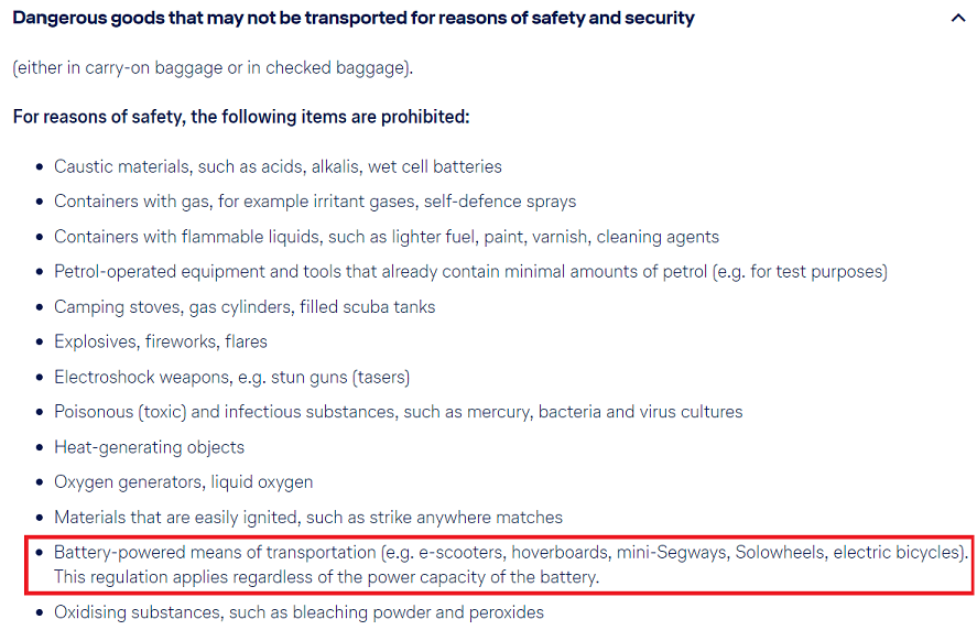 Lufthansa dangerous goods list highlighting battery-powered means of transport including electric bicycles and electric scooters as prohibited on board