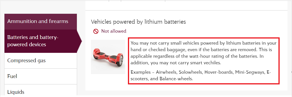 Qatar Airways restricted baggage page highlighting small vehicles powered by lithium batteries as not allowed on board