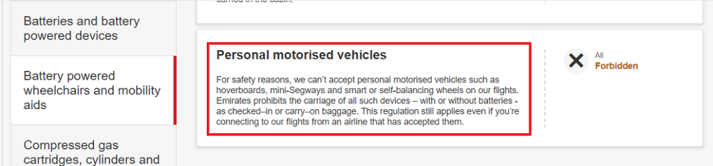 Emirates dangerous goods policy highlighting personal motorized vehicles as forbidden on board