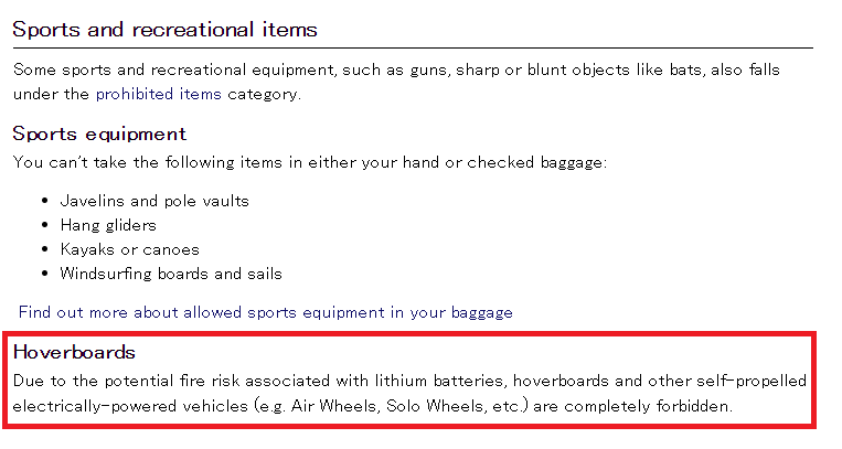 Japan Airlines restricted items page highlighting electric vehicles as forbidden on board