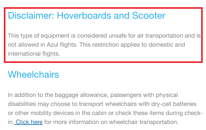 Azul checked baggage policy highlighting electric vehicles as not allowed on board