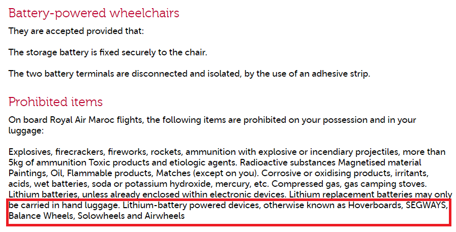 Royal Air Maroc prohibited items list, highlighting lithium battery powered devices as not allowed on board