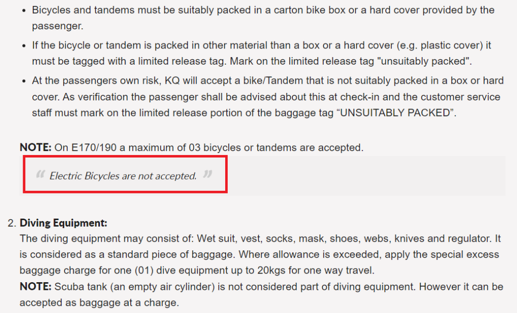 Kenya Airways special baggage page, highlighting electric bicycles as not accepted