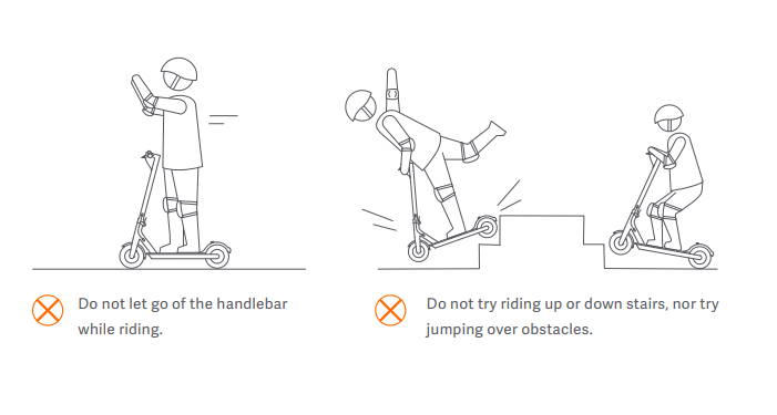 page from an electric scooter user manual demonstrating improper usage