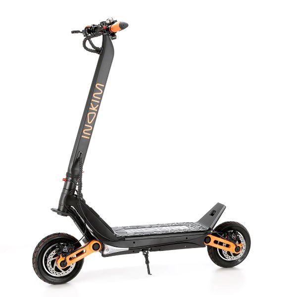 side view of a black Inokim OXO electric scooter with orange details leaning on its stand
