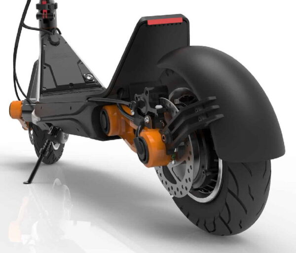 rear view of Inokim OXO electric scooter with rear wheel in focus