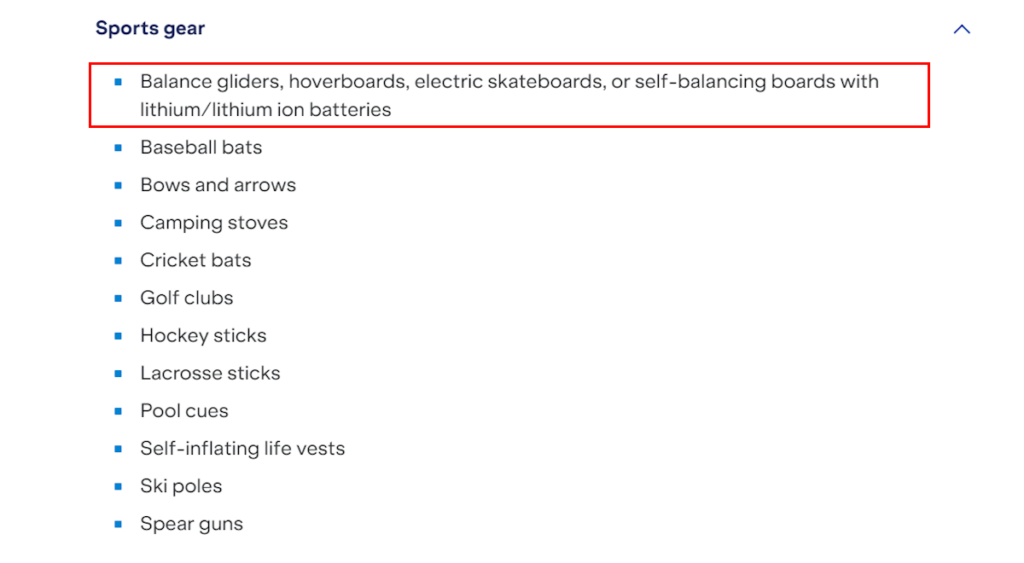 jetblue airlines screenshot from the prohibited items list, stating that self-balancing boards with lithium/lithium-ion batteries are prohibited on the flight.
