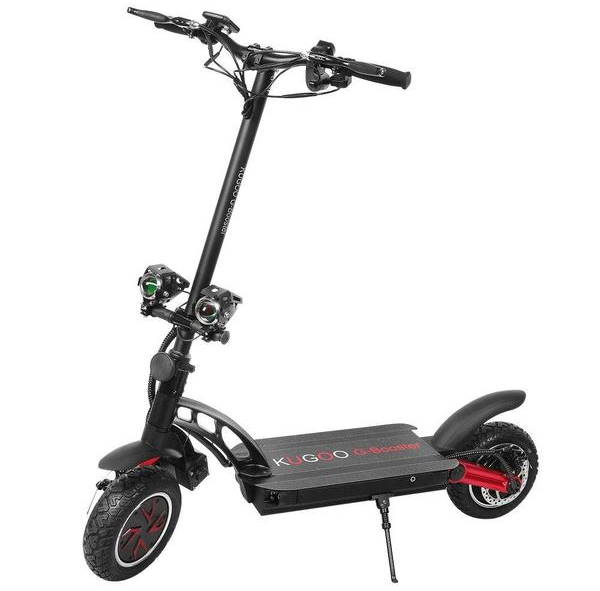 side view of a black Kugoo G Booster electric scooter with red details leaning on its stand