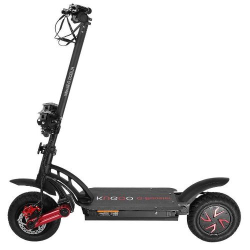 side view of a black Kugoo G Booster  electric scooter with red details on a white background