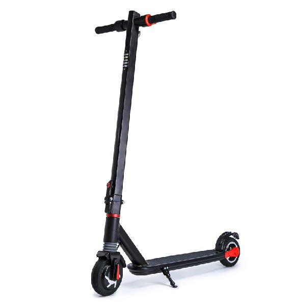 front diagonal view of a black FLJ i11 electric scooter with red details on a white background