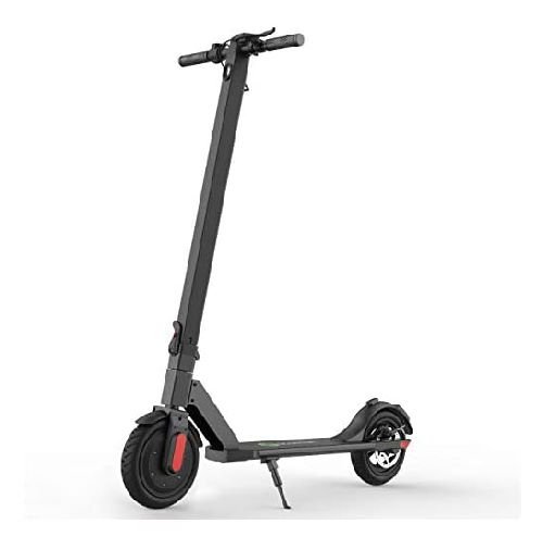 front diagonal view of a black Megawheels S5 electric scooter with red details leaning on its stand
