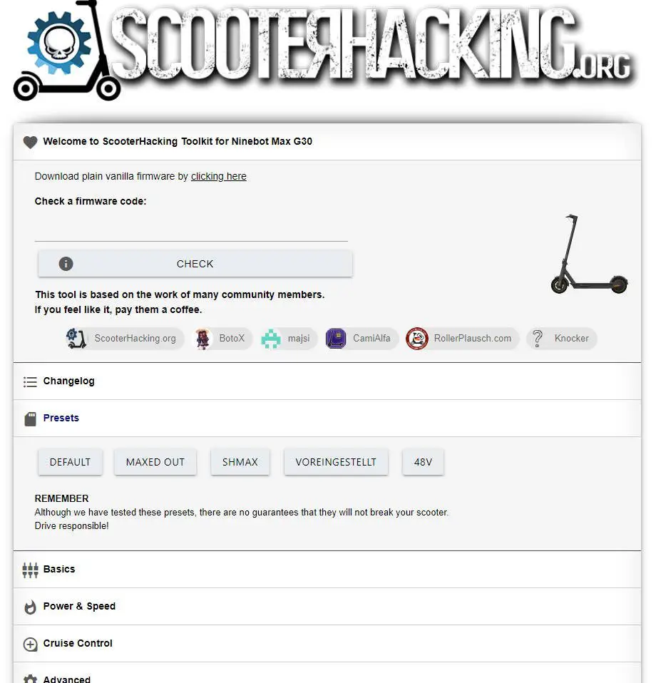 screenshot of the website where custom firmware for the Ninebot Max can be downloaded from