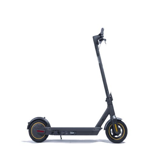 side view of a black Ninebot Max electric scooter with orange details leaning on its stand on a white background