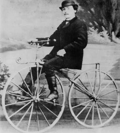 Pierre Lallemant, an early velocipede and bicycle inventor, riding a velocipede