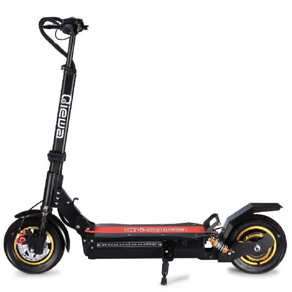 side view of black Qiewa Q1 Hummer electric scooter with orange details and red deck leaning on its stand