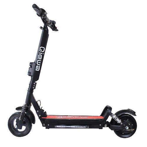 side view of a black Qiewa QMini electric scooter with red deck on a white background