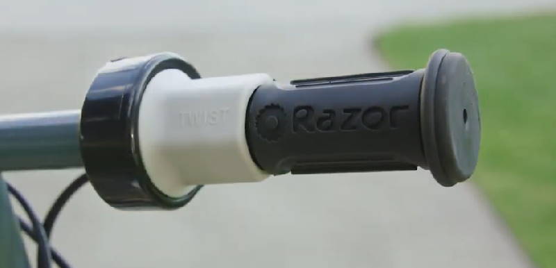 Razor logo on the handlebar of a Razor E300 electric scooter