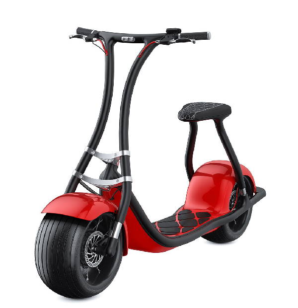 diagonal side view of a red Scooterson Rolley+ fat tire electric scooter