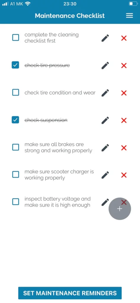 screenshot of escooternerds app showing maintenance checklist