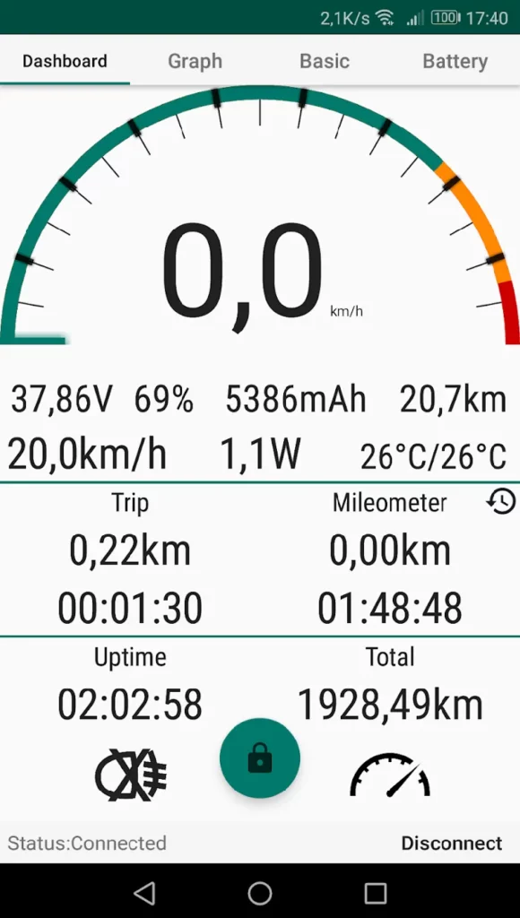screenshot of m365 tools app showing speed, range, battery percentage, uptime, total distance covered, mileometer, and trip