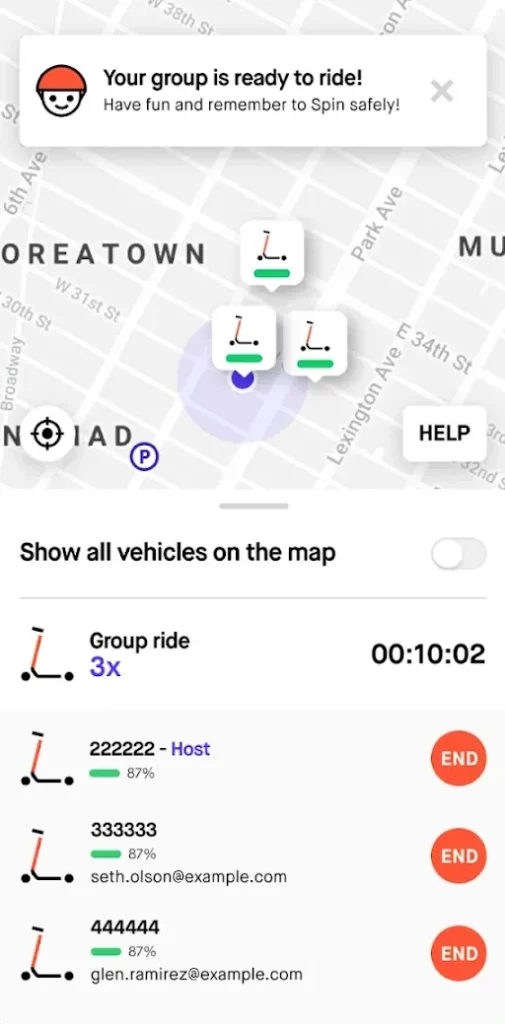 screenshot of spin scooter sharing app with the map screen with available scooters