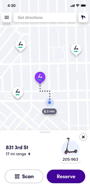 screenshot of the lyft ride sharing app showing the screen when renting a scooter