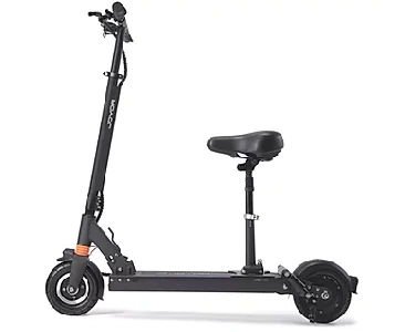 side view of a black electric scooter with a seat on a white background