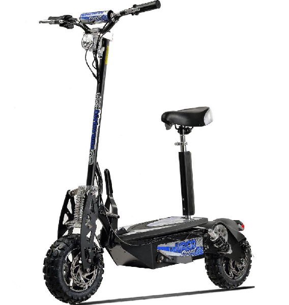 diagonal view of Uberscoot 1000W electric scooter with seat and blue details on a white background