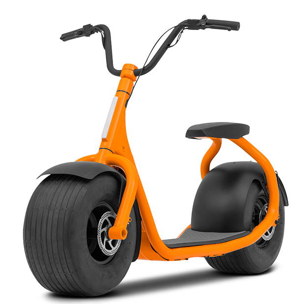 side view of an orange Skooza K1S fat tire electric scooter