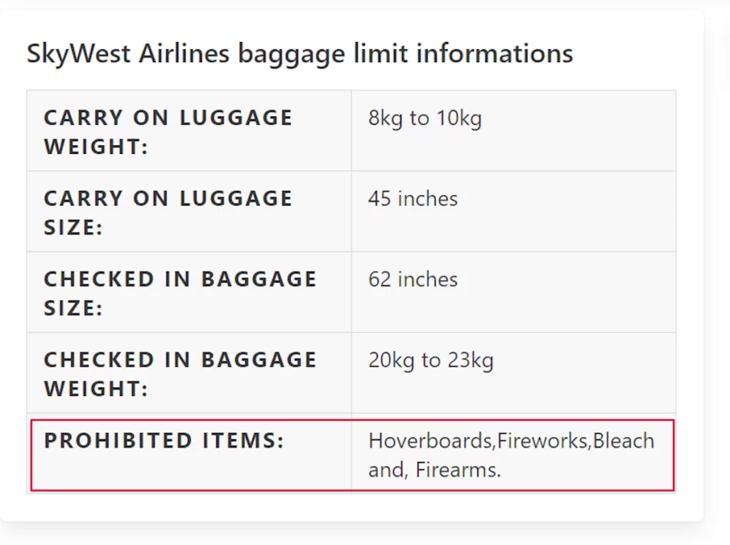 skywest airlines screenshot from the restricted items list stating that hoverboards are prohibited on the flight.