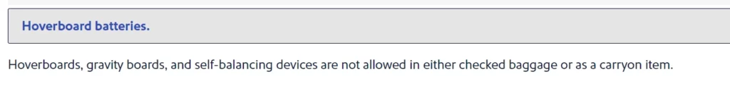 southwest airlines screenshot stating that all self-balancing devices are not allowed in either checked or carry on baggage.