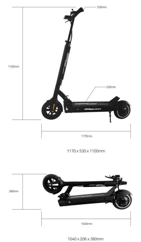 dimensions of an unfolded and folded Speedway Leger electric scooter