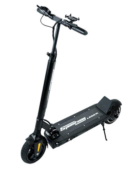 diagonal view of a leaning Speedway Leger electric scooter