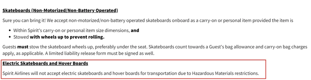 spirit airlines screenshot from the restricted items list stating that electric skateboards or hoverboards are not accepted on flight.