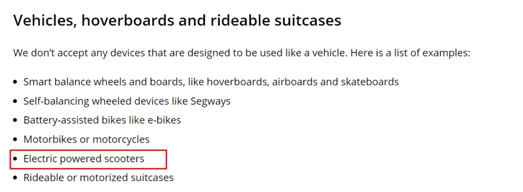united airlines screenshot stating that electric powered scooters are on the prohibited items list.
