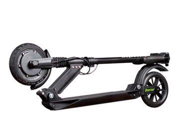 side view of a folded UScooters Eco electric scooters on a white background