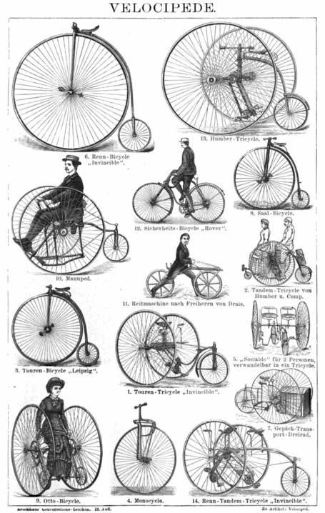 old illustration of several velocipedes