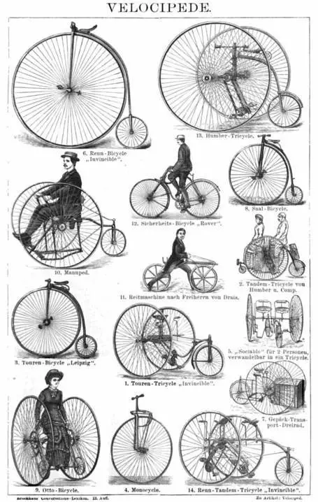 old illustration of several velocipedes