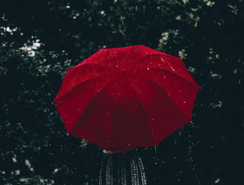 person under red waterproof umbrella protected from rain