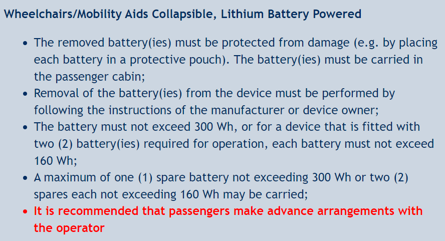 screenshot from the westjet website stating that the lithium battery powered mobility aids' batteries must be removed and carried in the passenger's cabin.