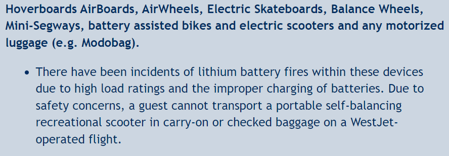 westjet airlines screenshot from the prohibited items list stating that electric scooters are not accepted on the flight.