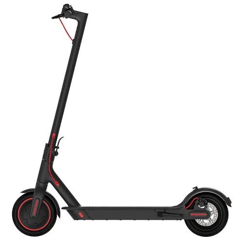side view of a black Xiaomi M365 Pro electric scooter with red details on a white background