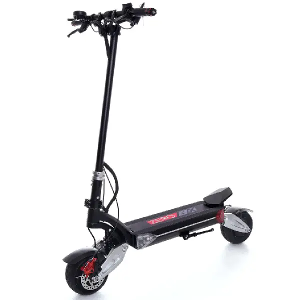 front diagonal view of a black Zero 8X electric scooter with silver and red details